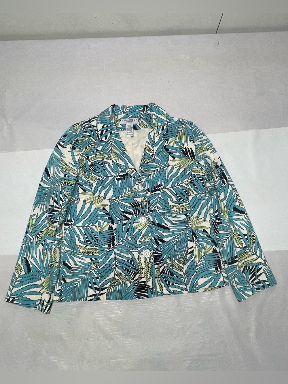 Sag Harbor Teal, White & Black Tropical Leaf Blazer Sz: 12P